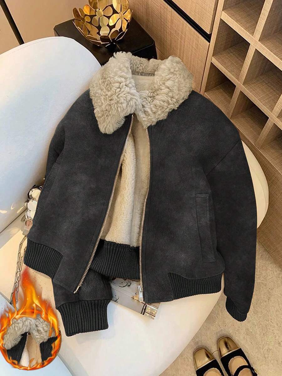 Franclia Modische, lässige Jacke mit gefüttertem Kunstfellkragen für Damen, Kaffeefarben, Herbst/Winter