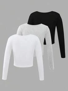 3 件装 Tween Girl 休闲 V 领长袖 T 恤套装（黑色、白色、灰色） - 彩色 - 查看 2