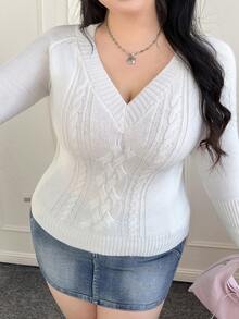CovetEZ Plus Size V-Neck Long Sleeve Cable Knit Casual Pullover Sweater For Women, Versatile For Commuting, Autumn/Winter - White - View 6