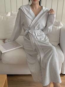 DAZY Women's Minimalist Patchwork Trim Hooded Long Robe, Autumn/Winter - Light Grey - View 3