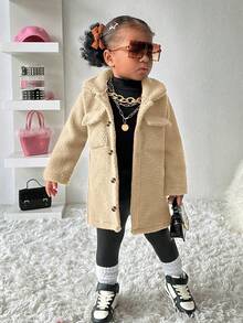 SHEIN Playful Pals 女宝宝厚羊毛长外套，百搭日常穿着，适合外出，秋冬 - 卡其色 - 查看 3