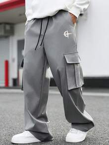 ROMWE MEN Pantalones casuales sueltos con bolsillo de unicolor para hombre - Gris Oscuro - Ver 4