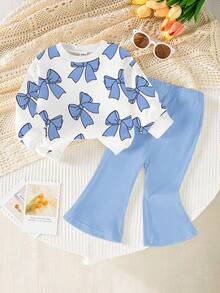 1 Set Baby Girls Casual Fashionable Cute Bow Pattern Crew Neck Sweatshirt And Flare Pants Outfit, Suitable For Autumn/Winter Outings, Fall Clothing, Casual And Fun Styling, Suitable For Autumn/Winter Baby Clothing