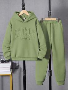 SHEIN Mirajuku 2 件套男童休闲连帽运动衫和运动裤，针织，秋冬 - 綠色 - 查看 3