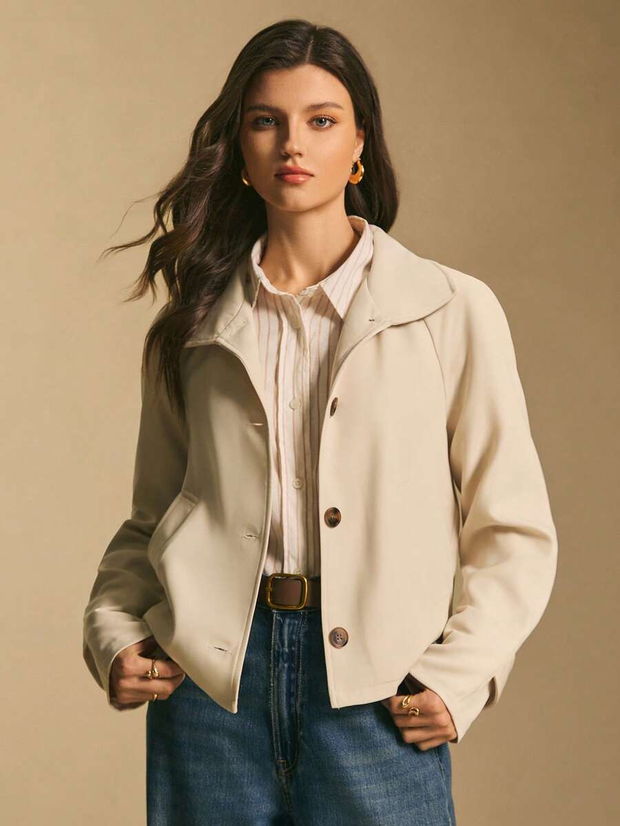 Poéselle Women's Cropped Trench Jacket – Beige Lightweight Single-Breasted Spring Coat For Casual & Commute Layering Cropped Trench Coat Beige Jacket Women Lightweight Spring Coat Minimalist Outerwear Commuter Jacket Neutral Tone Quiet Luxury Coat Short Trench Style Women's Solid Color Raglan Sleeve Front Button Casual Trench Coat Winter For Women - Khaki - View 1