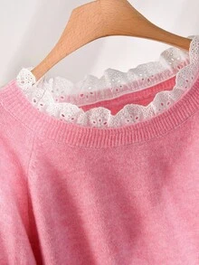 CosyJoli Plus Size Casual Lace Splice Round Neck Pullover Pink Mesh Sweater,Fall Clothes For Women Autumn