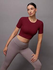 Activina Áo thun thể thao ngắn tay hở lưng màu trơn gợi cảm tối giản dành cho nữ - Đỏ - Xem 4