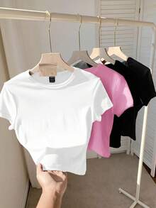 SHEIN Tall CURVE 加大码四件套纯色短款圆领短袖修身女式T恤，适合夏季穿着 - 彩色 - 查看 2