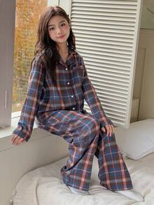 DAZY 少女格子印花长袖睡衣套装 - 棕色 - 查看 8