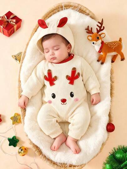 SHEIN 新生儿小鹿印花连体衣，长袖连体裤套装，适合婴儿，秋季款