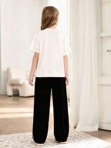 2pcs/Set Girls Rhinestone Bow Decor Top And Striped Bow Pants Outfit, Street Fashion - Black - View 4