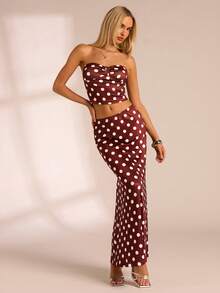 Glamine 2 pièces/Set Top bandeau froncé et mini-jupe imprimés de pois pour femmes - Tabac - Voir 5