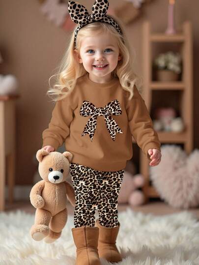 SHEIN Happikins Khaki,Cute Baby Girl Vintage Leopard Bow Casual Soft Knit Crew Neck Winter Sweatshirt And Leggings Set, Of Brown,Autumn,Cute,Family Matching
