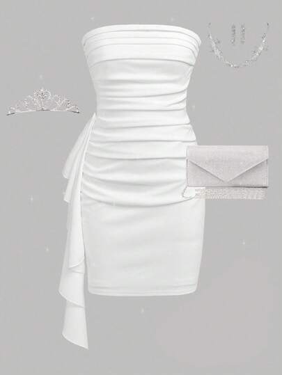 SHEIN Girlism Tween Girls Casual Elegant Ruffled Snug Fit Mini Dress, Asymmetrical Ruffle Hem Strapless Fit & Flare Party Cocktail Dress, White, Suitable For Back To School, Party, Wedding, Flower Girl White Dress White Party Outfit Dinner Outfit White Ruffle Dress White Strapless Dress