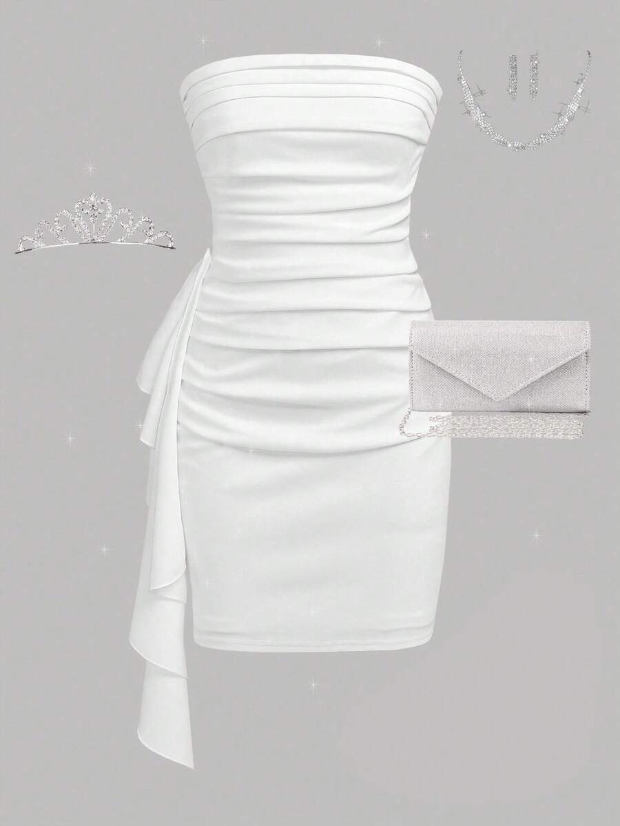 SHEIN Girlism Tween Girls Casual Elegant Ruffled Snug Fit Mini Dress, Asymmetrical Ruffle Hem Strapless Fit & Flare Party Cocktail Dress, White, Suitable For Back To School, Party, Wedding, Flower Girl White Dress White Party Outfit Dinner Outfit White Ruffle Dress White Strapless Dress - White - View 1