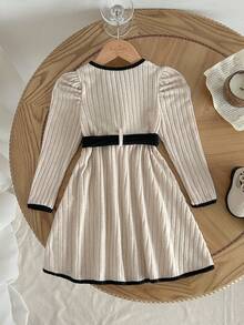 女童长袖套头连衣裙，配腰带，黑色滚边撞色羊腿袖，休闲百搭，适合外出和通勤，秋冬季 - 杏色 - 查看 2