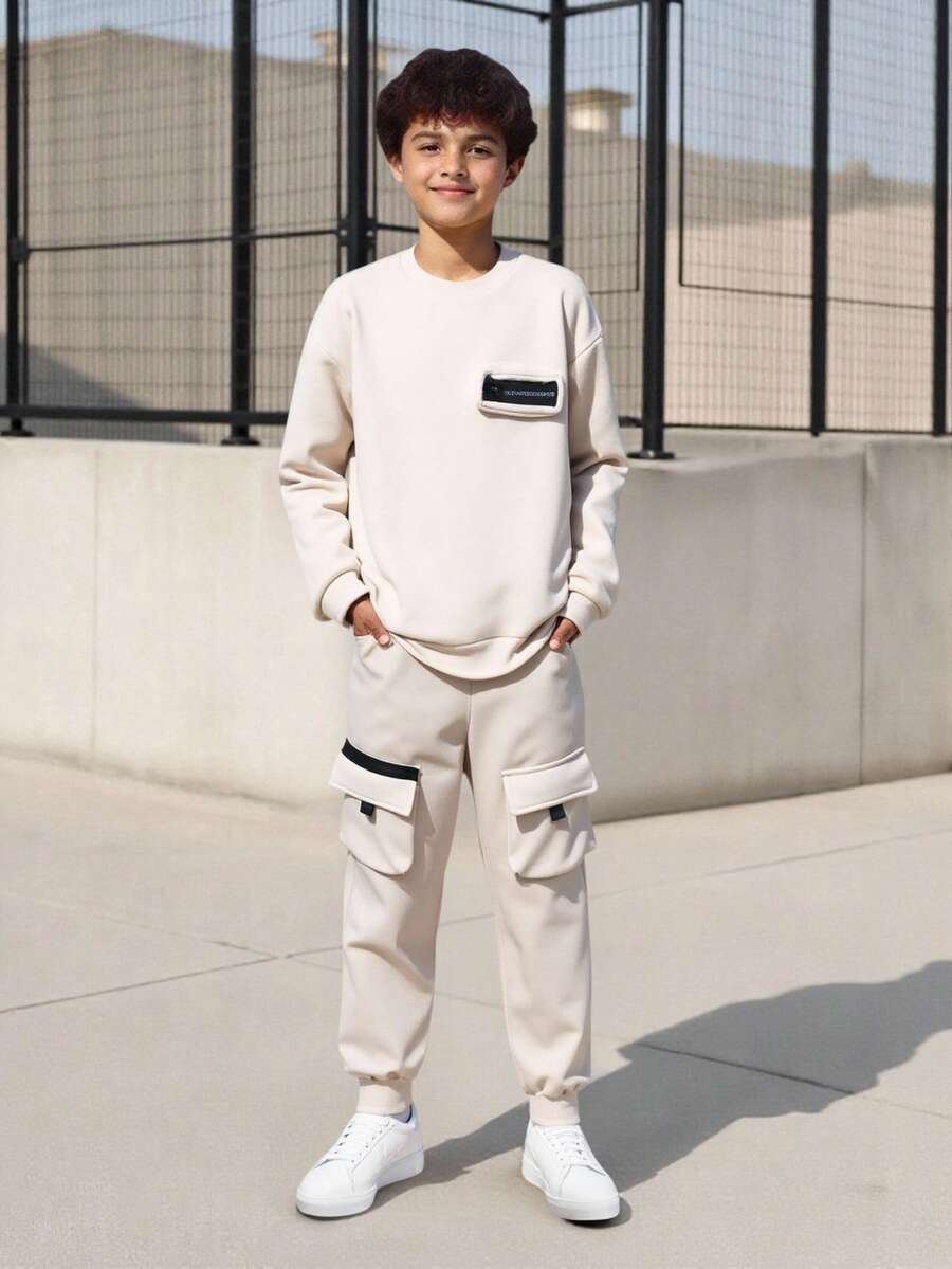 SHEIN Vacaura Tween Boys' Long Sleeve Top And Pants Set Chic Outfits For Autumn/Winter - Khaki - View 1