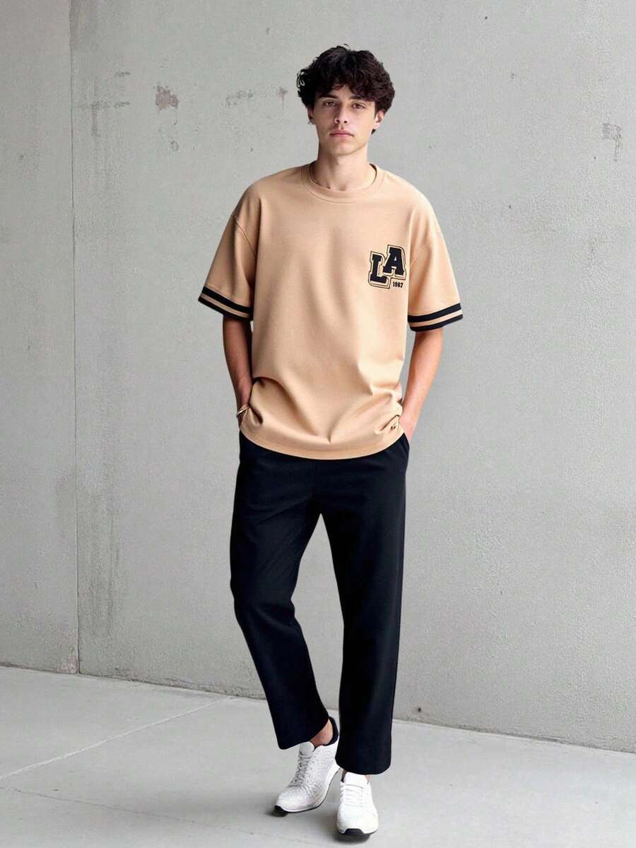 Vacaura 2 件套青少年男孩字母印花圆领短袖 T 恤和休闲裤套装