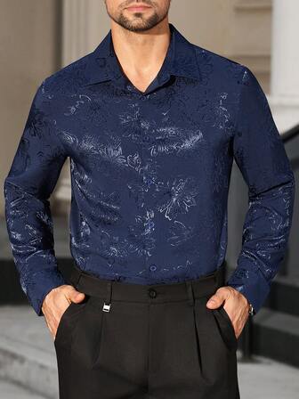 Manfinity Bizformal חולצת ג'קארד כחולה לגברים עם שרוולים ארוכים עסקיים, קז'ואל לגברים, חולצה עם הדפס פרחוני בצבע כחול כהה, חולצה עם דוגמא פרחונית כחולה, חולצה ארוכת שרוולים כחולה כהה לגברים, חולצה עם הדפס כחול כהה, חולצה ארוכת שרוולים כחולה כהה לגברים, חולצה עם מכופתרות והדפסה כחולה, חולצה גרפית בצבע כחול מלכותי, חולצה לגברים, חולצת מעצבים כחולה, ליל כל הקדושים, חורף, וינטג', בנים, זקנים, כסף, פסטיבל, אורחת חתונה, נשף גברים