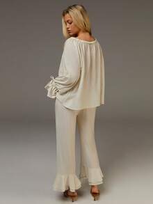 Athîral Women's Light Beige Boho Set,Autumn Vacation Holiday Elegant Textured Woven Off-Shoulder Ruffle Top&Trousers,One-Shoulder Peasant Blouse Spring Outfit - Beige - View 2