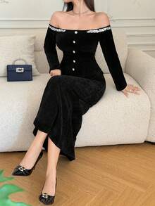 DAZY 1 Set Women's Off-Shoulder Top & Unique Embellished Skirt, French Elegant Style - Black - View 9