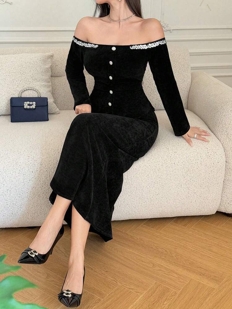 1 Set Women's Off-Shoulder Top & Unique Embellished Skirt, French Elegant Style