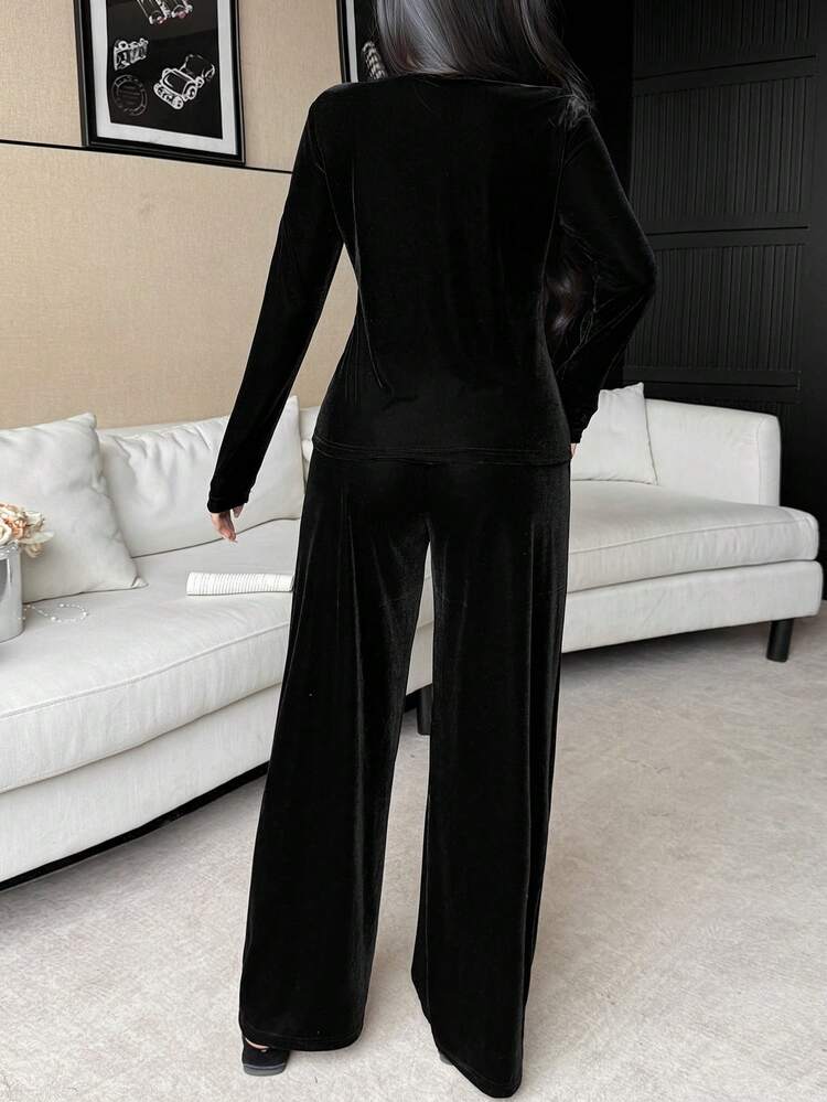 Women's Velvet Bow Lace Trim Sleepwear Set, Autumn/Winter