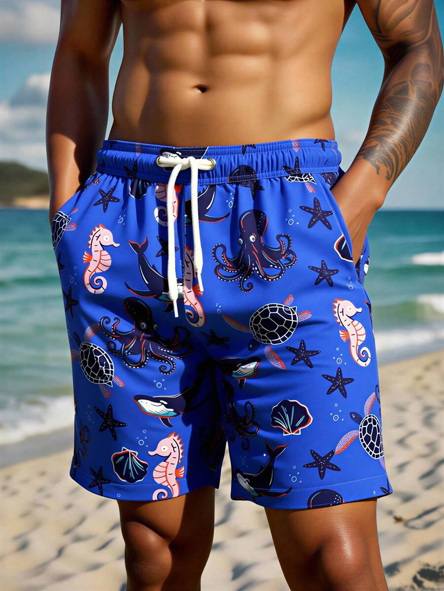 Manfinity VDAYZ Modne, męskie, casualowe szorty plażowe z nadrukiem żółwia, konika morskiego i ośmiornicy