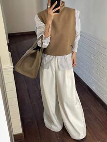 DAZY 女士纯色宽松高领无袖短款优雅复古毛衣背心，秋冬款 - 卡其色 - 查看 5