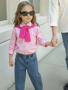 Elladie kids 年轻女孩韩版时尚翻领落肩宽松长袖条纹上衣配披肩，松紧腰直筒纯色牛仔裤套装