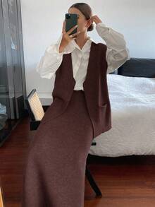 Livesso 女士V领无袖上衣和宽松针织裙两件套 - 咖啡棕 - 查看 4