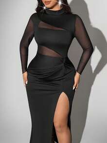 Viva Relle 大码女式性感透视网纱拼接高弹紧身高开衩扭结派对鸡尾酒会休闲工作通勤连衣裙，长袖 - 黑色 - 查看 4