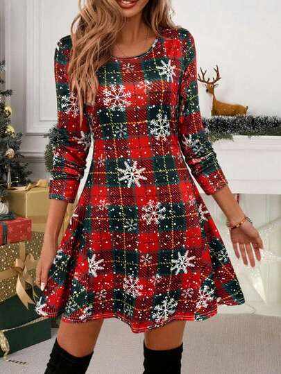 EMERY ROSE Women's Elegant Christmas Snowflake Plaid Checkered Red & Green Print Long Sleeve A-Line Dress - Round Neck, Machine Washable, Winter Party Outfit, Suitable For Holiday Events, New Year's Eve And Casual Winter Wear - Festive To Semi-Formal Attire, Vibrant Red With Green, White And Gold Snowflake Pattern, Comfortable And Fashionable, Perfect For Autumn/Winter Casual Outings