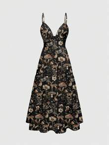 ROMWE Váy có khóa kéo họa tiết nấm, mặt trăng, ngôi sao, hoa dành cho nữ, phong cách Bohemian Gothic - màu đen - Xem 1
