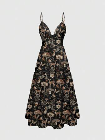All-Over Print Mushroom, Moon, Star, Floral Zip-Up Dress For Women, Bohemian Gothic Style