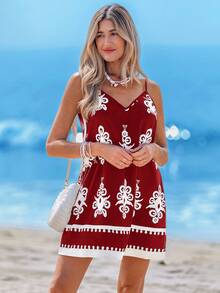 Sylviya Vestido estilo deslizador azul con estampado retro de primavera para mujer - Rojo - Ver 5