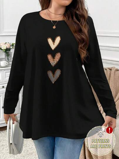 Firerie 加大码优雅休闲黑色渐变心形图案宽松长袖圆领纯色基本款伞形下摆 T 恤，适合秋冬季