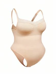 SHEIN Bodysuit Camisole Thong Wanita Ukuran Plus Warna Polos dengan Renda Kontras - Aprikot - View 8