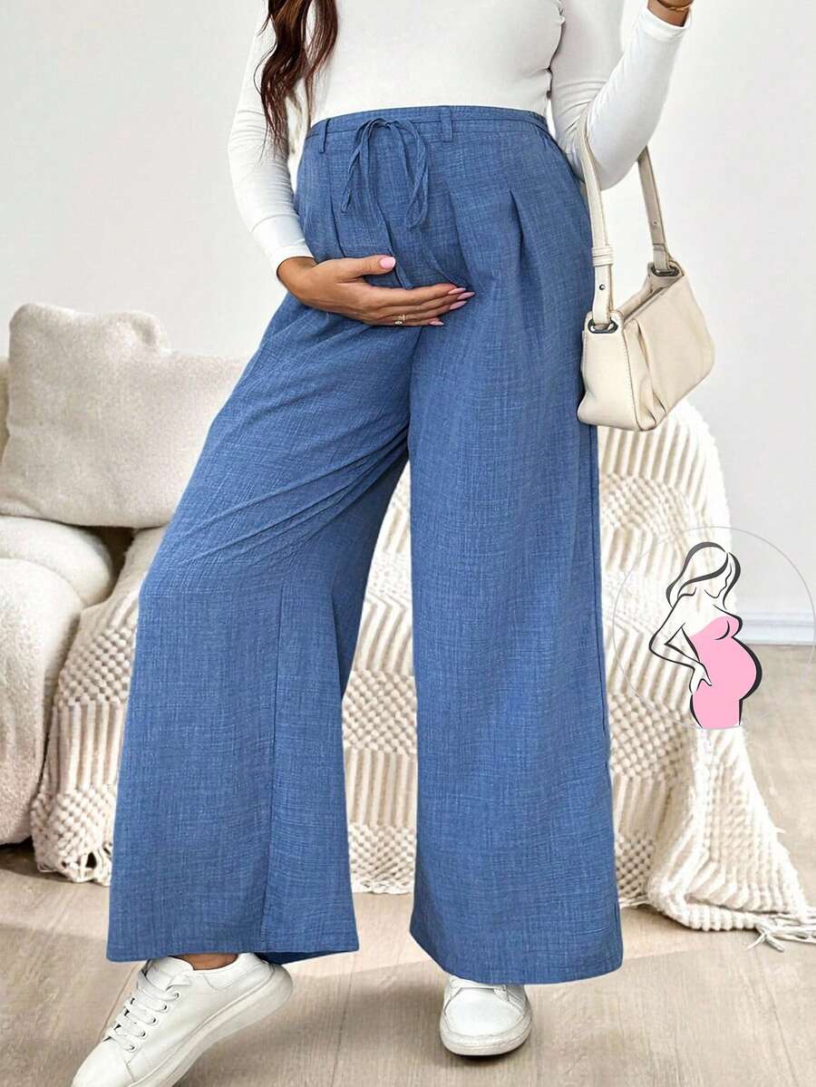 SHEIN Maternity Casual Versatile Wide-Leg Pants, Women's Wide-Leg Pants, Linen Wide-Leg Pants, Blue, Waist Tie  Women's Winter Clothes  Winter Clothing Wide Leg Pants Set Maternity 2 Piece Set Maternity Wide Leg Pants Maternity Clothes Pants Pregnancy Pants
