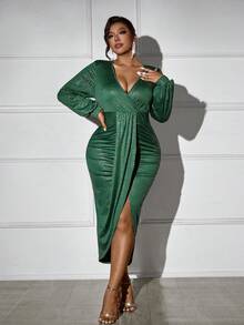 Auvina 大码优雅重叠领开衩下摆修身连衣裙，秋季 - 墨綠色 - 查看 6