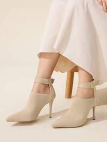 CUCCOO BASICS Apricot Pointed Toe Knit Ankle Strap Stiletto Heel Ankle Boots And Bootie, Sexy For Date, Party, Fashion Boots For Christmas - Apricot - View 8