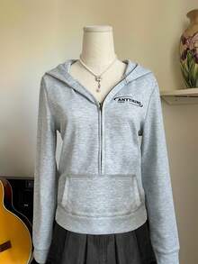INAWLY Retro American Design Gray Hooded Zip-Up Sweatshirt - Light Grey - View 5
