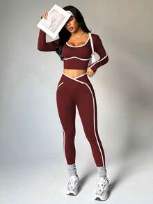 SHEIN Sports 无缝高弹瑜伽健身女式运动交叉腰带撞色套装 - 酒紅色 - 查看 5