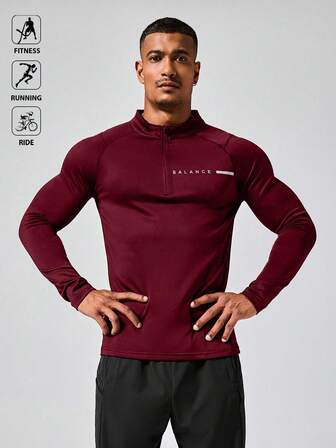 Manfinity Sport Polished Men's Letter Print Half-Zip Stand Collar Long Sleeve Athletic Sweatshirt