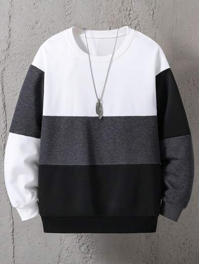 Vacaura 1 件休闲拼色圆领长袖运动衫，青少年时尚，适合日常休闲和通勤穿着