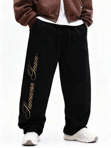 SUMWON Pantalones de chándal casuales con cordón y estampado de letras doradas en el lateral, cómodos y de corte relajado, ropa de estar en casa de invierno - Negro - Ver 4