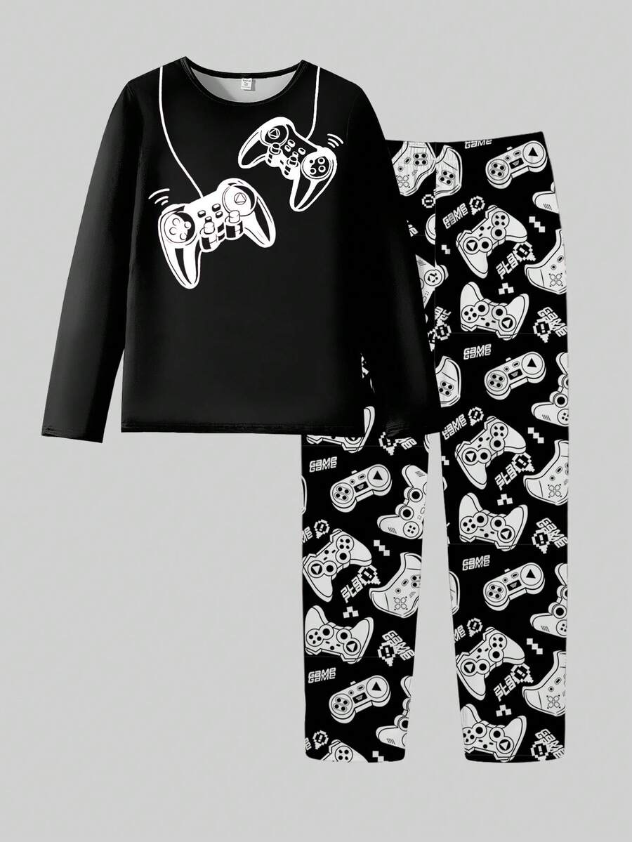 2pcs Tween Boys Pajama Set,Black Long Sleeve Video Game Print Top And Matching Allover Print Pants,Cute Autumn Holiday Game Controller Outfit Sets - Black - View 1
