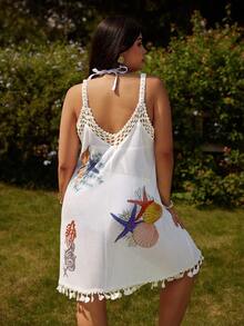 Swim Vcay Plus Size Women Starfish Print Sleeveless Cover Up Dress, Suitable For Beach Vacation - White - View 2