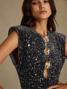 Aveloria Revavyn Luxurious Velvet Sequin Hollow Metal Buckle Waist Exaggerated Shoulder Women's Long Sequin Dress For Party - Dark Grey - View 2
