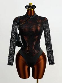 Mistrie 女士蕾丝性感透视长袖连体衣，带纽扣设计 - 黑色 - 查看 3